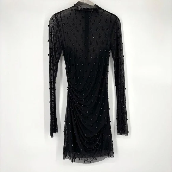 H&M Studio 2023 Beaded Mesh Mini Dress Long Sleeve Party Cocktail Mock Neck - Picture 3 of 14